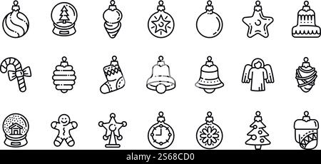 Jeu d'icônes de jouets d'arbre de Noël. Ensemble de contours d'icônes vectorielles de jouets d'arbre de Noël pour la conception de Web isolé sur fond blanc. Icônes de jouets d'arbre de Noël définies, style de contour Illustration de Vecteur
