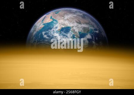 Vénus et la Terre dans l'espace. Alignement planétaire. Vue de la planète Terre à travers l'atmosphère de la planète Vénus. Éléments de cette image fournis par la NASA. Banque D'Images
