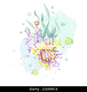Récif de corail avec poissons colorés, algues, bulles aquarelle illustration isolée dans le style de bande dessinée. Fond de l'océan dessiné à la main en jaune, lilas et vert pour douche de bébé, conception nautique et marine. Banque D'Images