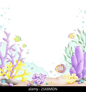 Fonds marins avec poissons, algues, coraux, cailloux, pierres, bubbles aquarelle cadre carré isolé avec espace de copie dans le style de dessin animé. Fond de l'océan dessiné à la main dans les couleurs jaune, lilas et vert pour les dessins. Banque D'Images