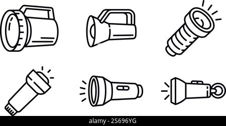 Icônes de lampe de poche définies. Ensemble de contours d'icônes vectorielles de lampe de poche pour la conception Web isolé sur fond blanc. Icônes de lampe de poche définies, style de contour Illustration de Vecteur