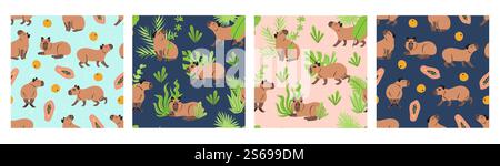 Motifs sans couture avec capybaras de dessin animé drôles et plantes de la jungle Illustration de Vecteur