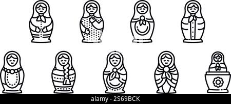 Icônes de poupée imbriquées définies. Ensemble de contours d'icônes vectorielles de poupée imbriquée pour la conception de Web isolé sur fond blanc. Icônes de poupée imbriquées définies, style de contour Illustration de Vecteur