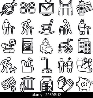 Icônes de pension définies. Ensemble de contour d'icônes de vecteur de pension pour la conception de Web isolé sur fond blanc. Icônes de pension définies, style de contour Illustration de Vecteur