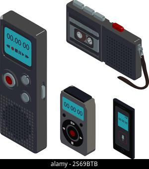 Jeu d'icônes dictaphone. Ensemble isométrique d'icônes vectorielles de dictaphone pour la conception Web isolé sur fond blanc. Icônes dictaphone définies, style isométrique Illustration de Vecteur