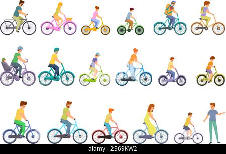 Icônes de famille de vélo définies. Ensemble de dessins animés d'icônes vectorielles de famille de vélo pour la conception de Web. Icônes de famille de vélo définies, style de dessin animé Illustration de Vecteur