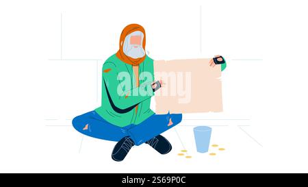 Mendiant assis sur le sol et tenant carton Black Line crayon dessin vecteur. Mendiant homme assis sur la rue Hold morceau blanc de carton de papier, près de la tasse et dispersé des pièces d'argent. Illustration. Mendiant assis sur le sol et tenant carton Vector Illustration de Vecteur