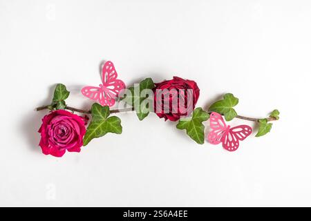 Fond floral festif. mise en page florale à partir de roses roses et rouges et de papillons roses isolés. Vue de dessus, pose à plat. copier l'espace. Banque D'Images