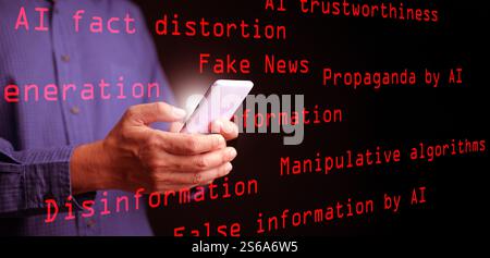 IA, intelligence artificielle, et le concept de fausses nouvelles, de désinformation et de désinformation : un homme utilise son smartphone, avec le texte rouge Fake News Banque D'Images