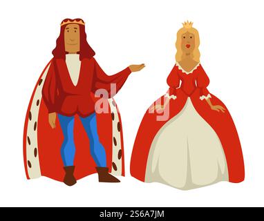 Roi de famille royale médiévale et reine vecteur monarchie isolé personnages masculins et féminins en couronnes d'or homme en manteau de fourrure et femme en robe de bal mari et femme Royaume de conte de fées et histoire. Roi et reine monarchie famille royale médiévale Illustration de Vecteur