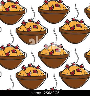 Riz chaud avec du papier cloche dans le bol le vecteur de modèle sans couture de nourriture marocaine voyage à la cuisine nationale du Maroc céréales ou grains et légumes plat ou repas cuisson de texture sans fin voyage et tourisme. Riz chaud marocain avec du papier cloche dans un modèle sans couture de bol Illustration de Vecteur