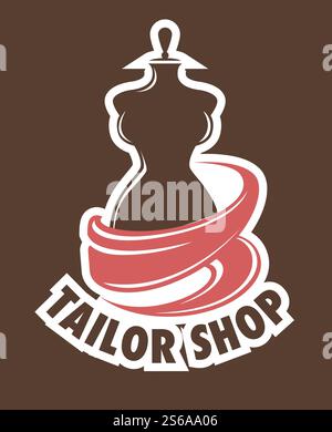 Mannequin ou mannequin tailleur magasin ou atelier icône de vecteur textile et tissu emblème ou logo vêtements réparation et création designer de vêtements faits à la main magasin de vêtements réparation ou boutique de couture. Mannequin ou mannequin icône atelier ou mannequin et tissu Illustration de Vecteur