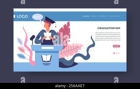 Étudiant dans le chapeau académique et manteau école collège ou université modèle de page Web de modèle d'éducation et de connaissances diplôme recevant un cours ou une formation en ligne site Internet d'apprentissage à distance .. Étudiant de fin d'études collégiales ou universitaires en chapeau et manteau académiques Illustration de Vecteur