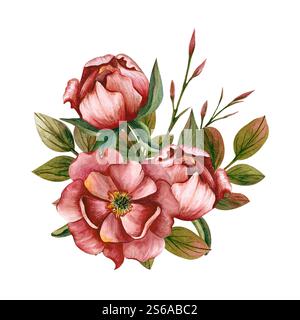 Composition d'aquarelle avec pivoines et feuilles. Illustration isolée de l'arrière-plan. Fleurs dessinées à la main pour cartes postales et invitations pour mère Banque D'Images