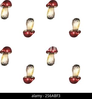 Modèle sans couture avec champignon de tremble avec un capuchon rouge. Illustration aquarelle isolée de l'arrière-plan. Champignon à tête rouge dessiné à la main avec des taches de saleté. Banque D'Images