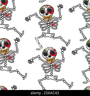 Calavera déesse mexicaine squelette sans couture motif dia de los muerto symbole fleurs vectorielles le jour du crâne des os dansants morts texture sans fin voyage au Mexique attraction festival national et vacances. Squelette mexicain dia de los muerto symbole Calavera déesse Illustration de Vecteur