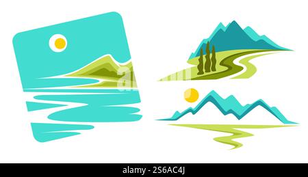 Paysage marin ou côte océanique et paysages de montagnes icônes isolées modèle d'identité d'entreprise vecteur nature et environnement prairie et route collines et vallées emblèmes ou logo vues rochers et côte. Paysages de montagnes et paysages marins ou icônes isolées de la côte océanique Illustration de Vecteur