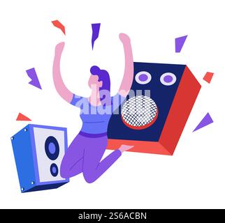 Haut-parleurs et femme dansant de la musique jouant et écoutant isolé personnage féminin vecteur musique art chansons et mélodies appareil électronique audio son volume fort fille sur genoux profiter de disques musicaux. Musique jouant et écoutant des haut-parleurs et femme dansant caractère isolé Illustration de Vecteur
