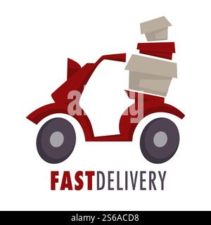 Cyclomoteur avec des boîtes ou des colis service de livraison rapide isolé icône vecteur de nourriture et de transport de poste véhicule ou scooter conteneurs en carton emblème ou logo marchandises commander service express courrier et affranchissement .. Livraison rapide Icon cyclomoteur isolé avec des boîtes ou des colis Illustration de Vecteur