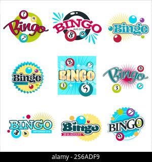 Boules d'équipement de jeu avec des numéros jeu de bingo vecteur d'icônes isolées jouant et gagnant de l'argent devinant et de la chance l'emblème ou le logo d'événement divertissant avec la combinaison de chiffres de lettrage et le billet chanceux. Jeu de Bingo icônes isolées boules d'équipement de jeu avec des numéros Illustration de Vecteur