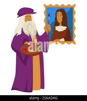Léonard de Vinci avec palette et pinceau et portrait Renaissance artiste vecteur de peinture de caractère isolé peinture d'art peinture et image ancien portraitiste homme âgé avec la barbe dans le chapeau et la longue robe. Artiste Renaissance Léonard de Vinci avec palette et pinceau et portrait Illustration de Vecteur