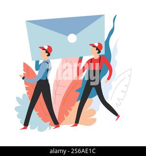 Les livreurs transportant le courrier de service de livraison de messages ou des hommes de vecteur de poste dans des combinaisons et des enveloppes d'affranchissement, expédition de correspondance et transport de messages et envoi de textos facteur ou livreur. Services de livraison courrier ou de courrier transportant le message Illustration de Vecteur