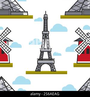 Architecture française Tour Eiffel et Moulin Rouge vecteur de modèle sans couture bâtiment de Louvre et constructions repères cabaret et tourisme texture sans fin voyage et impression de papier peint de tourisme. Tour Eiffel et Moulin Rouge sans couture architecture française Illustration de Vecteur
