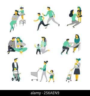 Soins de bébé élevant les enfants parents et les enfants personnages isolés vecteur mère et père fille et fils nouveau-né jouant et faisant du sport habillant et faisant des devoirs de marche et de shopping parentalité. Élever les parents de garde d'enfants et les enfants personnages isolés Illustration de Vecteur