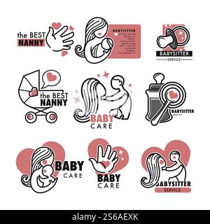 Agence de baby-sitter ou service de nounou icônes isolées de vecteur de soins de bébé femme de palme d'enfant et mamelon nouveau-né et biberon de lait de bébé et mère de hochet, et emblèmes ou logo d'enfant de garde d'enfants et d'éducation de coeur. Service de nounou ou agence de baby-sitter ICONS soins de bébé isolés Illustration de Vecteur