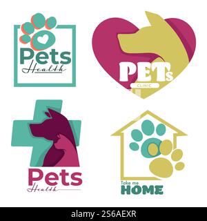 Chien et chat animaux de compagnie vétérinaire clinique et abri icônes isolées traitement vectoriel et médecine vétérinaire animaux domestiques soins de santé emblèmes d'amour et de soins, et logo empreinte de gage et croix de coeur et maison. Clinique vétérinaire ou refuge pour animaux chien et chat icônes isolées Illustration de Vecteur