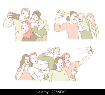 Amis se réunissant ou camarades de classe prenant selfie sur le vecteur photo de groupe smartphone photographie de personnages isolés sur la caméra frontale filles et garçons la technologie moderne photoshot la paix posant. Camarades de classe se réunissant ou amis rencontrant selfie ou photo de groupe Illustration de Vecteur