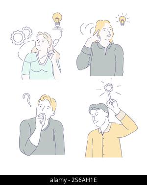 Doutes et hésitation hommes et femmes ayant des questions ou des vecteurs d'idées isolés personnages questionnant ou prenant des décisions activité cognitive penser et trouver des réponses roues dentées et ampoule. Hommes et femmes doutes et hésitations ayant des questions ou des idées Illustration de Vecteur
