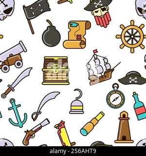 Pirate modèle sans couture crâne de piraterie et os navire et canon vecteur drapeau marine criminelle épée et navire pistolet et volant texture sans fin symboles nautiques trésors coffre et carte de boussole. Symboles nautiques piratent des icônes marines sans couture de modèle Illustration de Vecteur