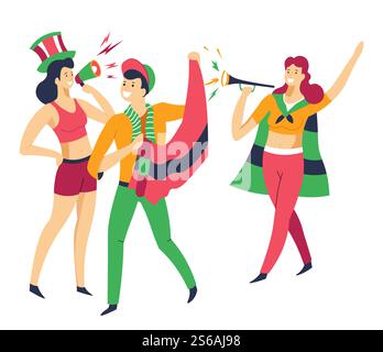 Fans de sport homme et femmes encourageant l'équipe de football vecteur isolé groupe de personnages amis avec chapeaux et drapeaux pipe et haut-parleur jeu ou match buffs ou rooters filles et gars criant .. Les amateurs de sport masculins et féminins ou les rooters encouragent l'équipe Illustration de Vecteur