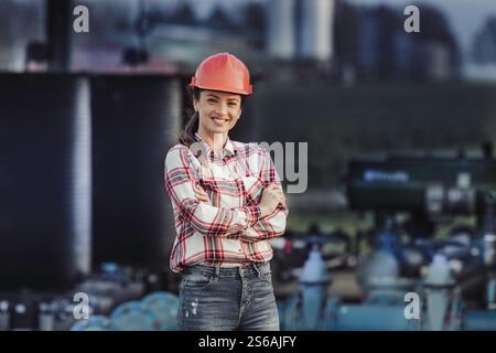 Portrait de jolie jeune femme ingénieur avec casque debout devant l'usine de système d'irrigation dans le champ agricole Banque D'Images