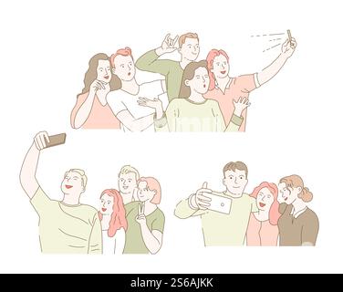 Amis rencontrant des camarades de classe se réunissant prendre selfie sur smartphone vecteur photo isolé photographie de personnages sur appareil photo frontal filles et garçons la technologie moderne photoshot geste de paix souriant. Prise de selfie sur smartphone camarades de classe rassemblement et réunion d'amis Illustration de Vecteur