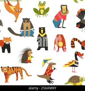 Animaux et oiseaux mammifères asiatiques sauvages modèle sans couture vecteur de la faune volant écureuil et grenouille singe et grizzly ours castor et porc-épic tigre, et panda rouge moniteur lézard et tortue grand bec de corne. Animaux sauvages asiatiques et oiseaux sans couture de la faune Illustration de Vecteur