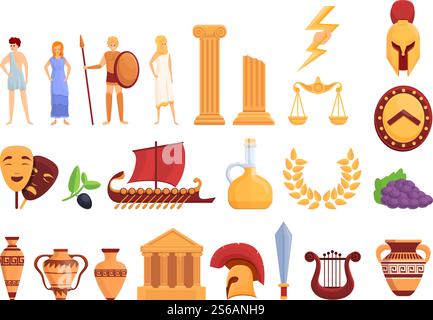 Icônes de la Grèce antique ensemble. Ensemble de dessins animés d'icônes vectorielles de Grèce antique pour la conception de Web. Icônes de la Grèce antique ensemble, style de bande dessinée Illustration de Vecteur