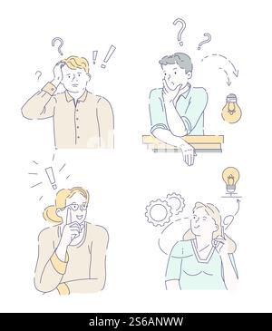 Doutes et hésitation hommes et femmes questionnent ou vecteur d'idées personnages isolés questionnant ou prenant des décisions activité cognitive penser et trouver, répondre roues dentées et brainstorming d'ampoule. Hésitation ou doutes les hommes et les femmes questionnent ou imaginent des personnages isolés Illustration de Vecteur