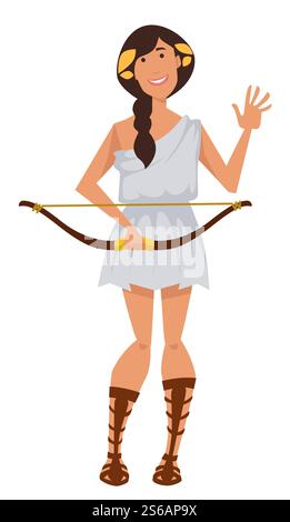 Ancienne déesse grecque Artémis avec symbole d'arc de chasse sauvage et vecteur de chasteté isolé femme de caractère en robe et sandales hautes tenant arme antique religion légende et mythe.. Artemis ancienne déesse grecque avec symbole d'arc de chasse sauvage et de chasteté Illustration de Vecteur