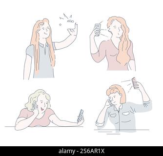 Les filles prenant selfie sur smartphone photo et appareil photo frontal avec vecteur de lampe de poche isolé personnages féminins photographie femmes technologie moderne photoshot souriant et posant des portraits sur téléphone portable .. Selfie filles prenant photo sur la caméra frontale de smartphone Illustration de Vecteur