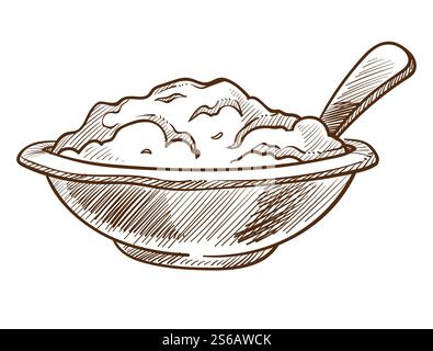 Céréales ou porridge dans un bol avec une cuillère esquisse isolée de vecteur de nutrition saine céréales cuisine et recette culinaire petit déjeuner monochrome plat à dessin, ou farine d'avoine nourriture naturelle et ingrédients. Porridge dans un bol avec cuillère esquisse isolée nutrition saine Illustration de Vecteur