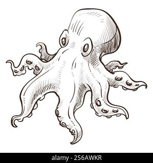 Poulpe animal sous-marin isolé esquisse créature marine avec tentacules et ventouses vecteur symbole nautique monochrome dessin, faune de fond de mer ou océan kraken faune et voile fruits de mer exotiques fruits de mer. Croquis isolé de créature marine de pieuvre animale sous-marine Illustration de Vecteur