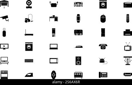 Illustration vectorielle de style solide de jeu de couleur noire de l'électronique grand public. Image de style Uni de l'ensemble de couleur noire de l'électronique grand public Illustration de Vecteur