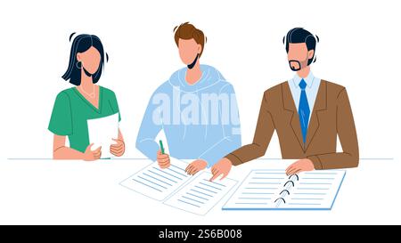 Homme signant le document notarial par signature Black Line dessin vecteur. Notaire indiquant l'endroit où signer l'accord juridique ou le contrat. Personnages avocat, secrétaire et avocat client illustration. Homme signant document notarial par vecteur de signature Illustration de Vecteur
