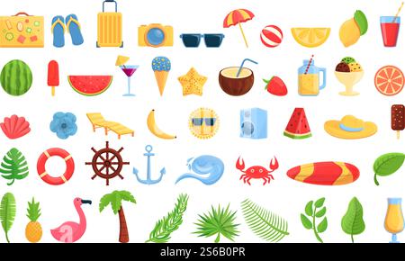 Icônes de fête d'été définies. Ensemble de dessins animés d'icônes vectorielles de partie d'été pour la conception de Web. Icônes de fête d'été définies, style de bande dessinée Illustration de Vecteur