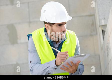 ingénieur masculin portant un gilet de protection et un casque de sécurité Banque D'Images