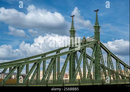 Budapest, Hongrie, 29 août 2022. Détail du Liberty Bridge par une belle journée d'été. Image emblématique du grand pont vert. Banque D'Images