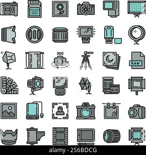 Jeu d'icônes d'équipement de photographe. Ensemble de contours d'icônes vectorielles d'équipement de photographe pour la conception de Web isolé sur fond blanc. Icônes d'équipement de photographe définies, style de contour Illustration de Vecteur