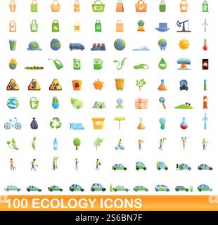 ensemble de 100 icônes écologiques. Illustration de dessin animé de 100 icônes d'écologie ensemble de vecteur isolé sur fond blanc. 100 icônes d'écologie définies, style de dessin animé Illustration de Vecteur